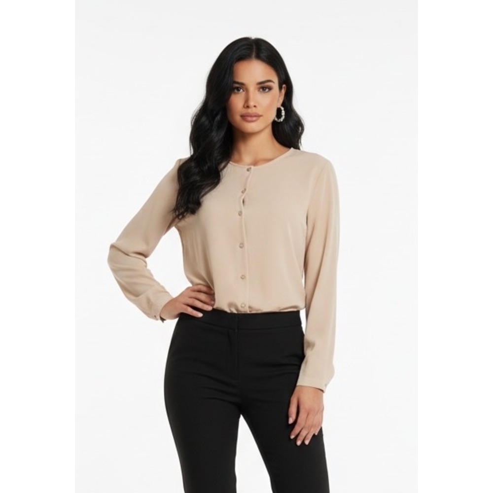KATE Beige Button Front Long Sleeve Sheer Blouse Top Women's‎